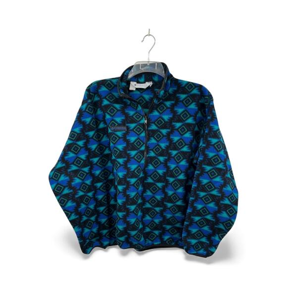 Vtg Columbia Fleece Pullover Made in USA Mens M Blue Aztec Geometric 1/4 Zip - Picture 1 of 9